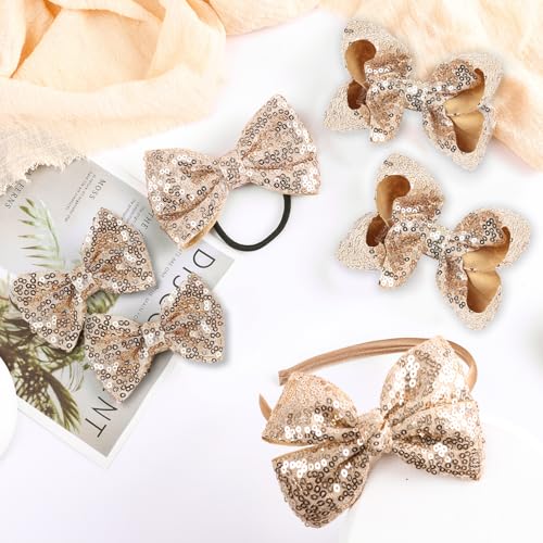 Set de accesorios de cabello con moños de grosgrain y lentejuelas – 6 piezas: moños brillantes, clips, diadema y liga para cabello para niñas pequeñas (Azul Marino) miniatura 5