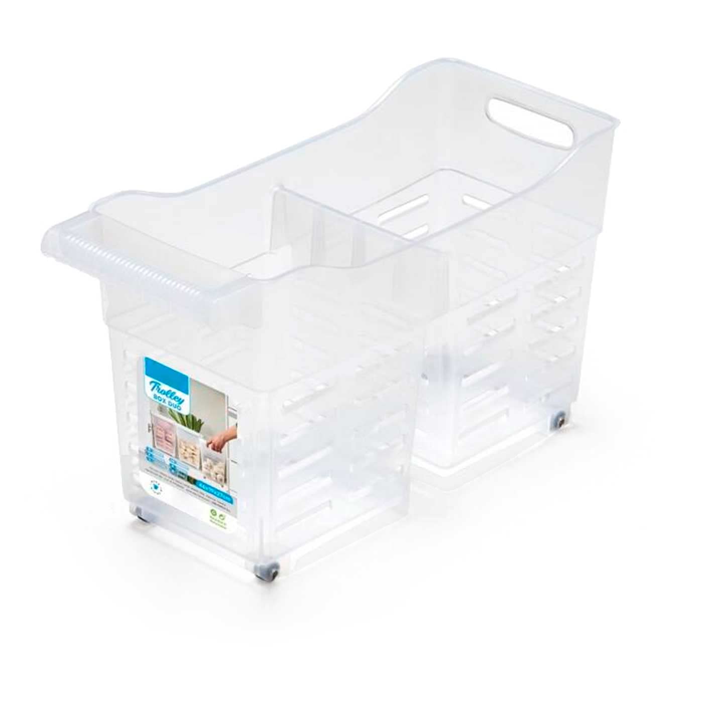 ACAN Carrito de plástico Multiusos con Ruedas y asa - 2 Compartimentos - Cesta organizadora para Productos de Limpieza, baño, Cocina - 27 x 19 x 46 cm - Transparente