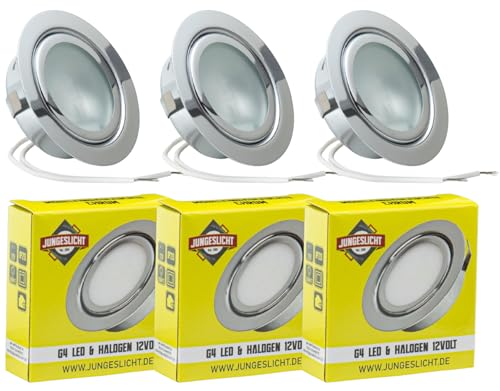JungesLicht - Halogen Möbeleinbauleuchte 12V G4 20W, Bohrloch 55-60mm passend, Tiefe 23mm, Außendurchmesser 73mm, (Leuchtmittel inklusive, LED geeignet), dimmbar, Möbelleuchte, Spiegelleuchte, 3 Stück