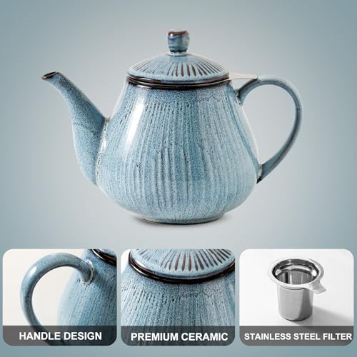 Image of HVH 40 oz Porcelain Teapot with Stainless Steel Infuser, Ceramic Tea pot with Infuser for Loose Tea, Enough For 6 Cups, Striped Series (Wabi sabi)