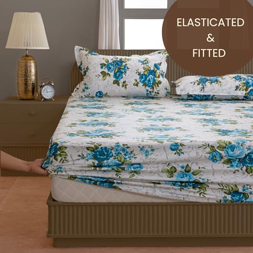 Image of Swayam Pure Cotton King Fitted Bedsheet with 2 Pillow Covers | Size 72 x 78 x 10 inch | 160 TC | Floral Design | Soft Breathable Bed Sheet | Comfortable & Durable for Bedroom - White & Blue