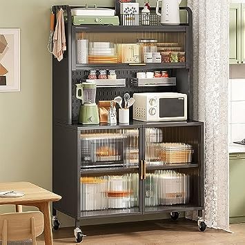 Wall Mounted Storage Pegboard,Wooden Pegboard,Kitchen Bakers Rack with Cabinet and Pegboard Accessories 5 Tier Microwave Stand for Garage Pantry Home Kitchen Storage Large Metal Shelves for