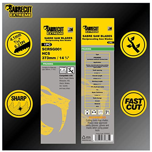 1 X Sabrecut Scrsg001 14 3/4" (373Mm) 6 Tpi Extra Long Curved Pruning Lopping Wet Wood Dry Wood Timber & Firewood Cutting Reciprocating Sabre Saw Blade Compatible With Bosch Dewalt Makita & Others #TOP5
