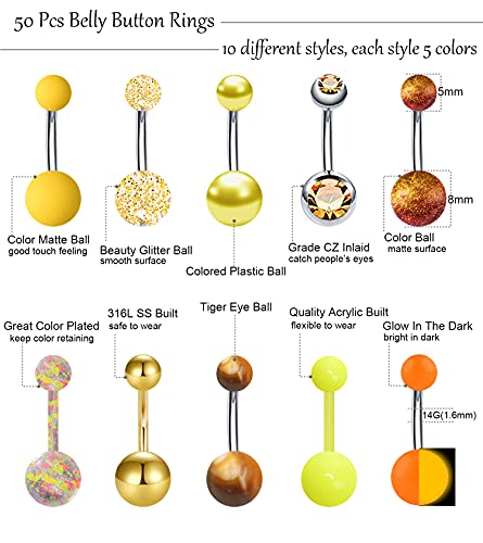 Evelical 50Pcs 14G Stainless Steel Belly Button Rings For Women Girls Acrylic Screw Navel Bars Body Piercing Jewelry #TOP1