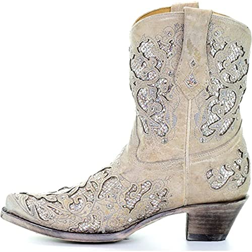 Image of CORRAL Women's Snip Toe Wedding Embroidered Glitter Inlay and Crystals Handcrafted Pull-On Leather Over-the-Ankle Cowboy /Cowgirl Boots