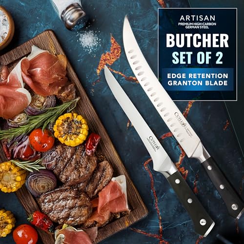 Image of Cutluxe Butcher Carving Set - Cimeter Breaking & Boning Knives for Meat Cutting - Professional Knife, Razor Sharp German Steel, Full Tang, Ergonomic, Butcher Knives for BBQ - Artisan Series