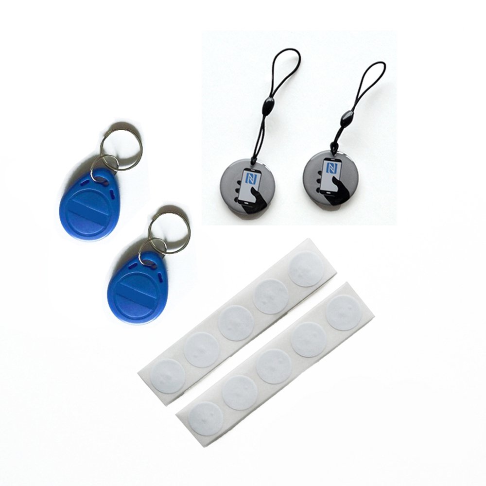 NFC Tags - Starter Kit Mini - Pack of 10 Stickers with NTAG213 chip + 2 Hang Tags with NTAG213 chip + 2 Key Fobs with NTAG213 chip - Compatible with Samsung Galaxy S8, iPhone 8 and other NFC phones