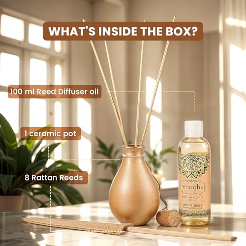 Image of IRIS Amogha Reed Diffuser | 100ml Fragrance Oil + 8N Reed Sticks | Long-Lasting Aromatherapy Diffuser for Home & Office | Smoke-Free, Flame-Free Air Freshener | Ideal for Gifting (Lemon Grass)