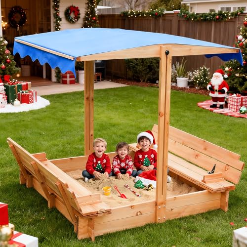 FUNTOK 48''x48'' Kids Sandbox with Lid, Wooden Sand Box with Foldable Bench Seats, Retractable & Rotatable Canopy, UV-Protection, 300 Lbs Weight...