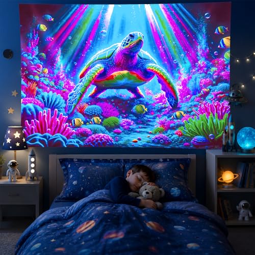 Image of BlissYard Neon Sea Turtle Ocean UV Black Light Tapestry 78x59 Inches Art Color Neon Light Background Bedroom Living Room Wall Party Decoration Underwater Coral Reef Marine Psychedelic Wall Art