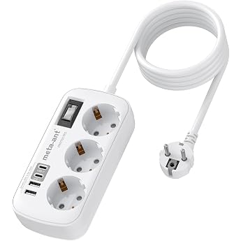 Power Strip with USB 3.4 A 17 W 3-Way Power Strip with Surge Protection 4000 W Socket with 4 USB 2 USB-C 1.5 m Wall Mounted Power Strip for Home Office White
