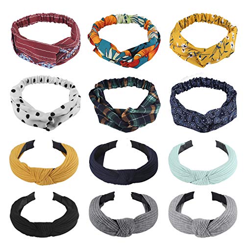 HOMOR 12 Pack Wide Headbands Knot Turban Headbands Hair Band Elastic Bandana Headbands Twisted Criss Cross Plain Print Headwear Hair Hoop Fashion Hair Accessories for Women Girls Children