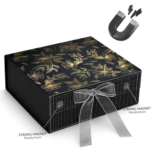 Image of RBS-Medium Black Magnet Gift Box 26x26x10cm Decorative Floral Gift Boxes for Presents (1 Pack) Box for Gift Packing Multipurpose Cardboard Box for Gift (Black Gold Floral MGT)