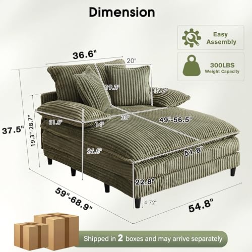 Image of WESTSETLUX 54.8 inch W Oversized Chaise Lounge Chair Indoor with 5-Position Adjustable Backrest, Corduroy Sleeper Sofa Bed with 3 Pillows, Modern Cloud Couch Chair for Living Room, Bedroom, Green