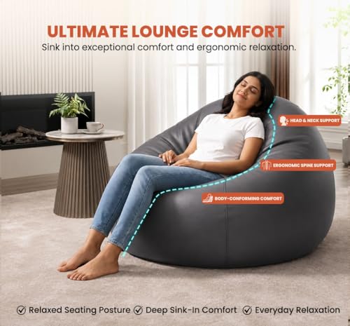 Image of Sattva Classic 2XL Sofa Style Bean Bag Chair with Beans Filled | Faux Leather Bin Bags Sofa Set with Beans Filling for Living Room | Beam Bag, Large Beanbags for Home & Office - Grey