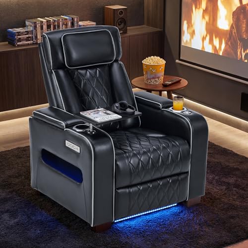 Image of Luxury Home Theater Seating, Dual Motor Power Recliner Chair with Adjustable Headrests, Reclining Movie Theater Seats with Extended Footrest, Tray Table for Living Room (Black)