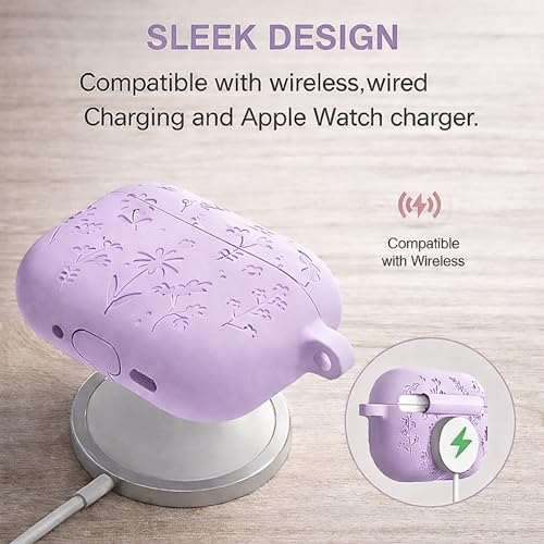 Image of Emoh Roced Case for Airpods Pro 3,Silicone Flower Engraved Cases Compatible with Apple AirPods Pro 3rd Generation 2025, Shockproof, Anti-Scratch, Protective Case Cover (Lavender, for AirPods pro 3)