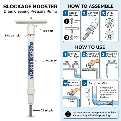 Image of Pipe Blockage Remover Hand Pump for Bathroom, Kitchen & Toilet | Water Pressure Booster Tool