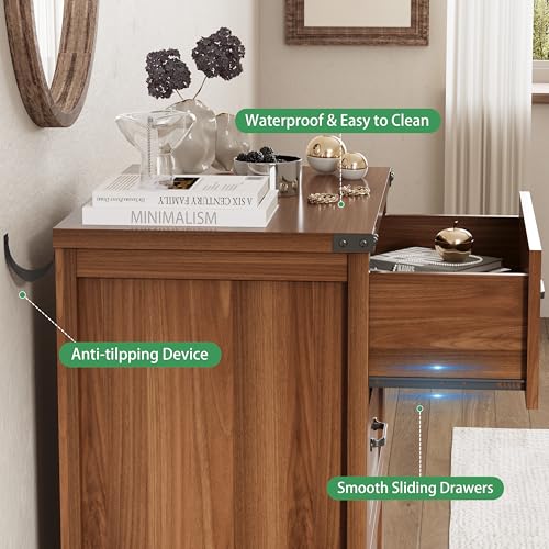 Image of Nightstand with 3 Drawers, 24 inch Wide Farmhouse Bedside End Table, Rustic Wood Side Table Night Stand with Mental Handle, Tall Modern Small Dresser Chest of Drawer for Bedroom, Living Room, Dorm, Walnut