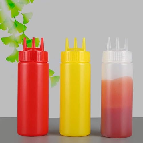 Miniatura 3 de Botella de condimentos para exprimir de 3 agujeros con tapa para salsas de aderezo de ensalada ketchup de plástico