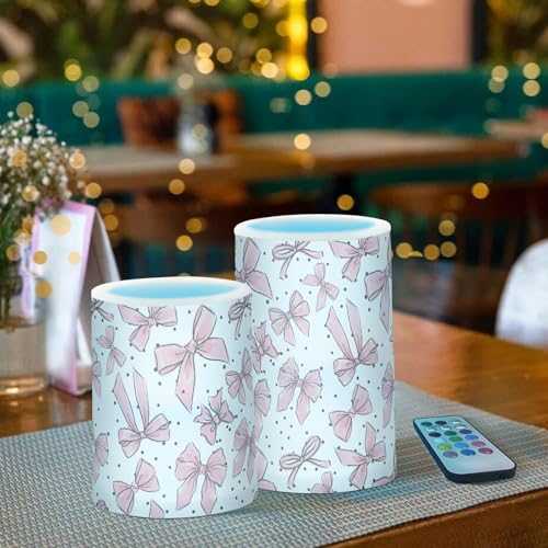 Image of Flickering Flameless Candles, Cute Bows Pink LED Candles with Remote Timer, Set of 2 Battery Operated Candle for Valentine Wedding Birthday