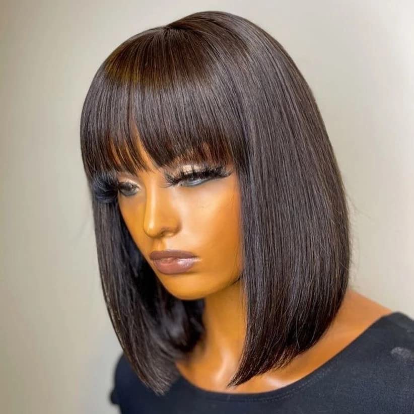 AMIRTY Bob Wigs Human Hair With Bangs For Black Women 100% Brazilian Virgin Hair 150% Density Glueless Machine Made Bob Wig Natural color (12 Inch, Bob Wig)