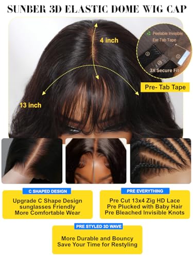 Image of Sunber Curtain Bangs Bye Bye Knots 13X4 HD Lace Front Wig Human Hair 24 inch | Loose Wave Put On and Go Glueless Wigs Pre Plucked Pre Bleached Human Hair