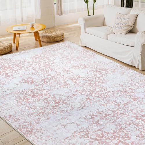 Image of DUKINO Washable Area Rug 5x7, Boho Low-Pile Rugs for Living Room, Non Slip Rubber Backing Carpet, Soft Vintage Rug for Living Room, Bedroom, Dining Room, and Office - Pink