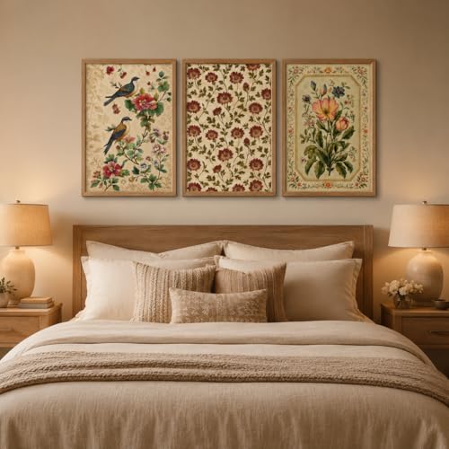 Image of Livin'luxe Set of 3 Vintage Bird Floral Wall Paintings for Living Room Dining Bedroom Decor with Premium Wooden Color Synthetic Frame (13.5 x 19.5 Inch) NM03-93