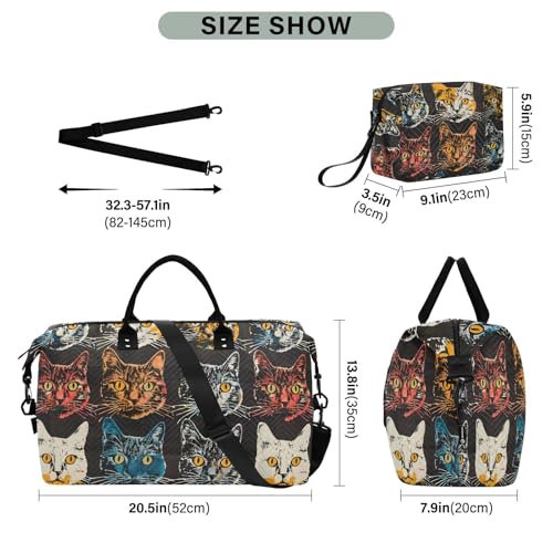 Cat Travel Duffle Bag Gym Bag, Cats Head Print Weekender Bags for Women with Toiletry Bag Travel Tote Bag Swim Bag3