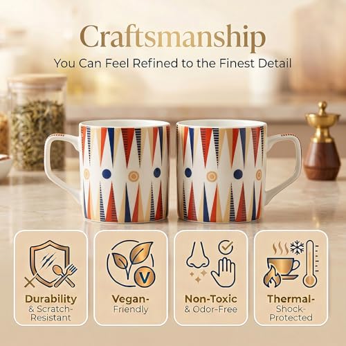 Image of UPC Coffee Mug Set of 6 | White Retro Geometric Triangle Print | Orange & Navy Blue Boho Pattern | Bone China Tea & Coffee Cups | Microwave Safe | Home & Kitchen
