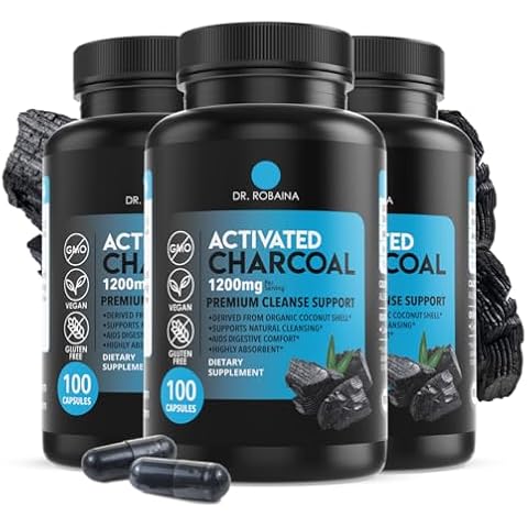 Dr. Robaina Activated Charcoal Capsules - 1200 mg Natural Detox and Digestive Support - 300 Capsules (3 Bottles), Made in USA Cover