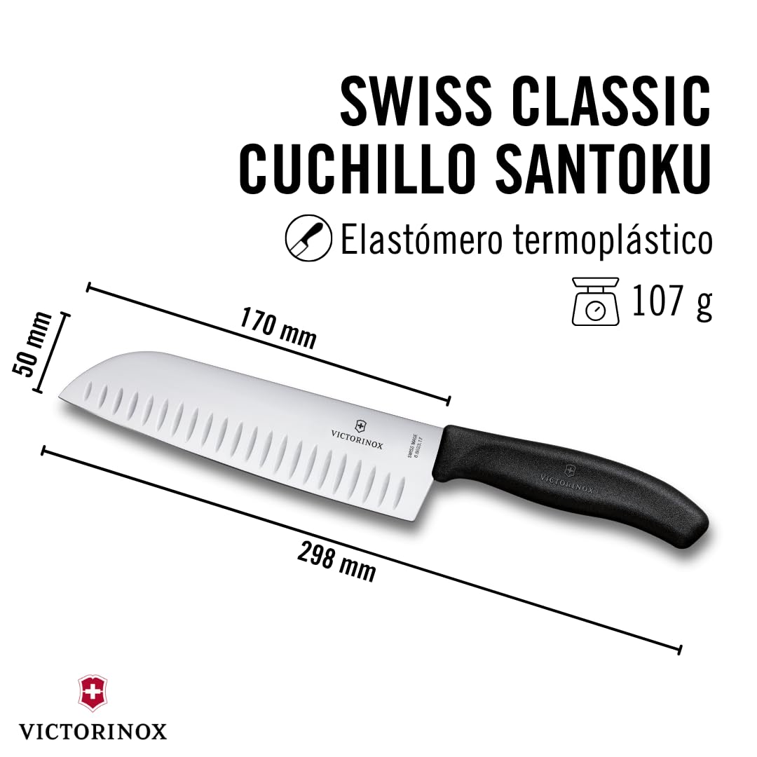 Victorinox Swiss Classic Cuchillo de cocina/Santoku, con hoja de 17 cm y filo alveolado, fabricado en acero inoxidable y de color negro