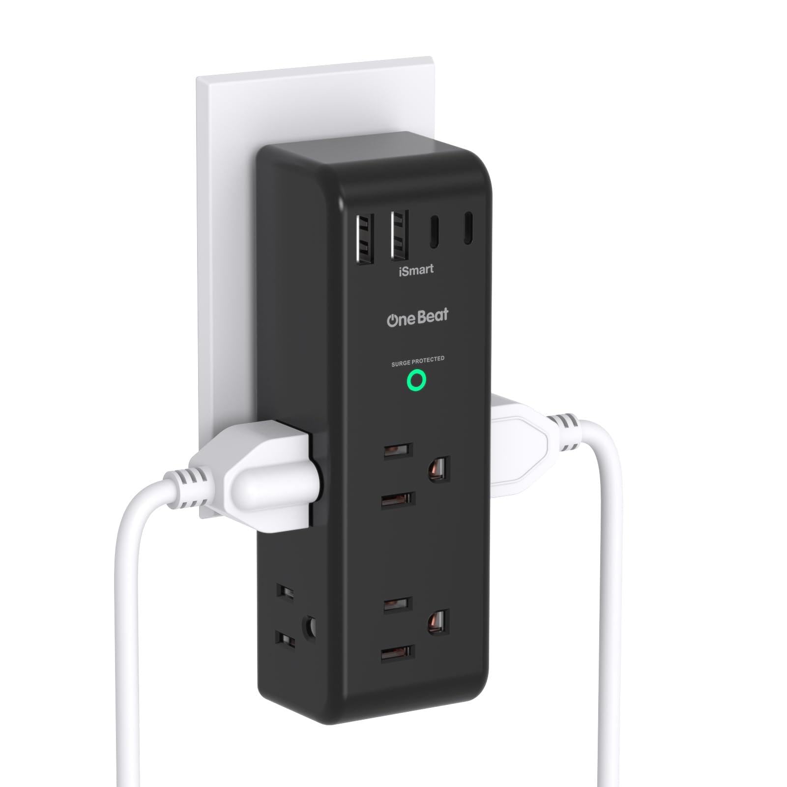 Surge Protector Outlet Extender with Rotating Plug, 6 AC Multi Plug Outlet with 4 USB Ports (2 USB C), 1800 Joules, 3-Sided Swivel Power Adapter with Spaced Outlet Splitter for Dorm, Office, Black