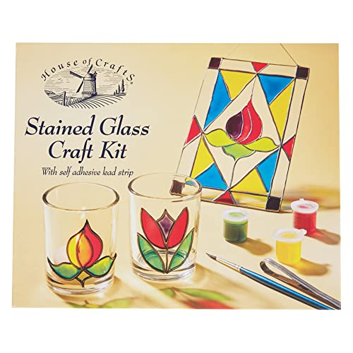 House Of Crafts - Crea il tuo kit per bricolage in vetro colorato, set per hobby per principianti, idea regalo unica con vetro votivo, acchiappasole, striscia di piombo autoadesiva, pennello, tappo a ventosa, arte della finestra, supporto Tealight,