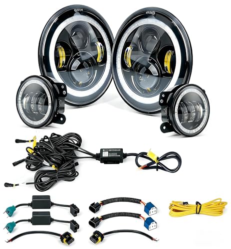 Image of 7 inch LED Headlights & 4 inch Fog Lights Decorative Compatible with 07-18 Jeep JK | Aluminum Base, PC Lens, IP67 Waterproof, Dot Approved, Plug N Play