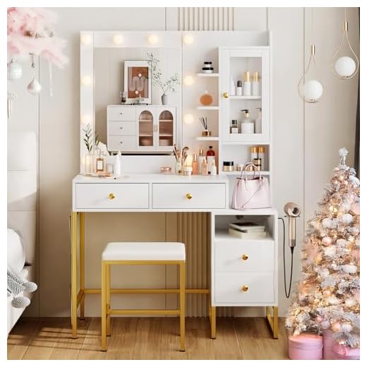 KAMABOKO Vanity Desk with Mirror, LED Lights and Power Outlet, Makeup Vanity Table with Glass Display Cabinet and 4 Drawers, Dressing Table with Stools for Bedroom (White)