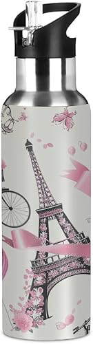 AUUXVA Eiffel Tower Paris France - Botella de agua térmica de acero inoxidable aislada al vacío para niños, con popote y asa para mantener el calor