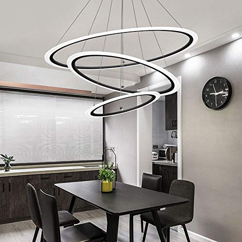 Preisvergleich Produktbild Modern LED Esszimmerlampen,Pendelleuchte 3-Ring Dimmbar mit Fernbedienung Pendellampe Schwarz Metall und Acryl Höhenverstellbar Kronleuchter Esstisch Wohnzimmer Büro,75W,30+50+70CM