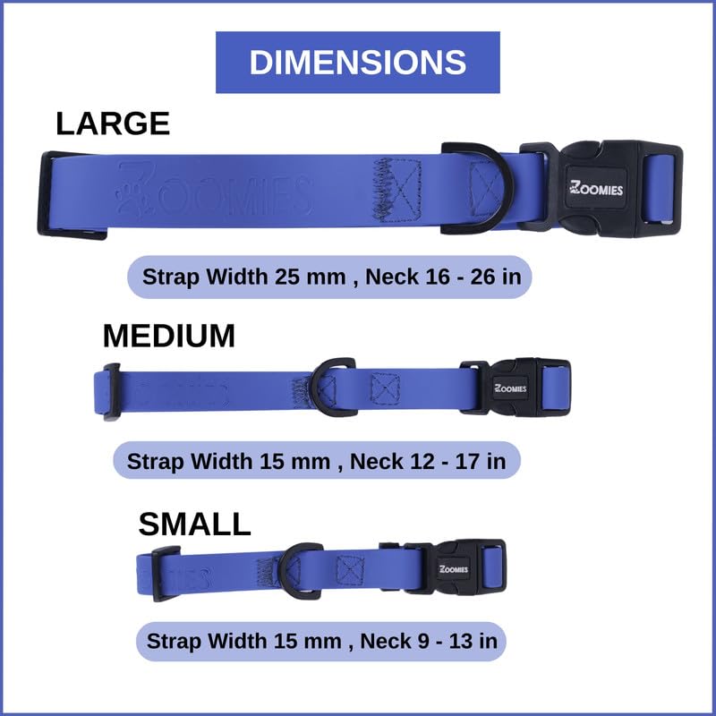 Image of Zoomies Dogs Unisex Biothane Waterproof Collar with Quick-Release Buckle and Metal D-Ring for Outdoor Adventures and Everyday Use - Odour-Free & Easy to Clean -Blue (ZBBC000L)