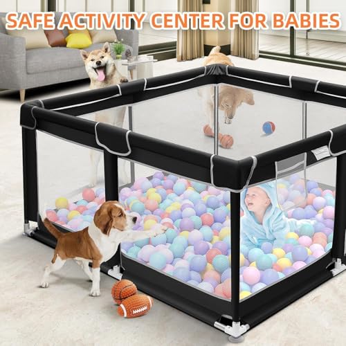 Image of ShivAnanta Baby Playpen for Home Indoor Kids Safety Play Fence with 30 Balls Mesh Play Area for 2+ Toddler Activity Zone Portable Baby Play Yard Anti Slip Child Play Space for Crawling Babies Secure Enclosure (Black)