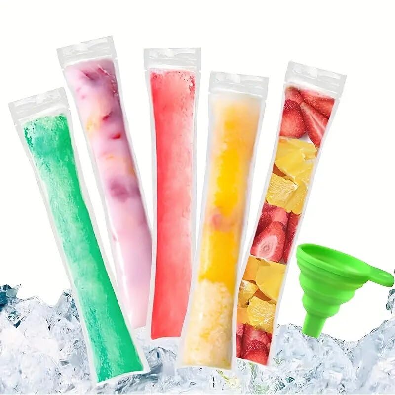 Paquete de 100 bolsas para moldes de helado,Bolsas de Hielo Desechables con Embudo, 11 x 2 cm, Set de Paquetes de Hielo para Bebidas con Frutas, Multicolor
