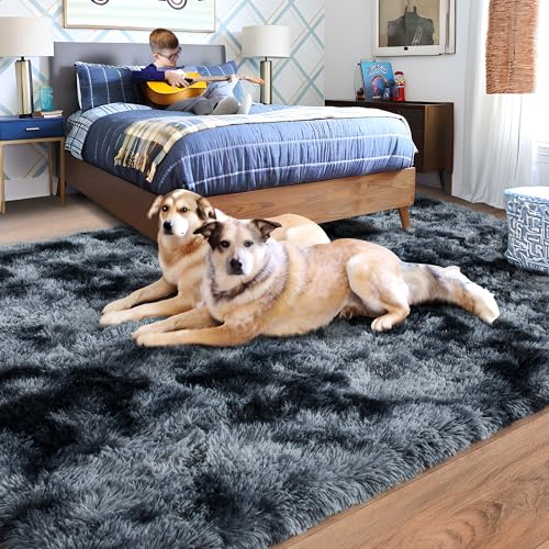 Rugs for Living Room 9x12, Soft Shaggy Modern Shag Area Rug for Bedroom, Upgrade Non-Slip Plush Fluffy Carpet for Kids Boys Girls Room Home Decor Aesthetic, Blue Grey