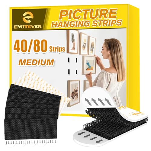 Image of EMITEVER Heavy Duty Picture Hangers, Damage Free Hanging Hooks Without Nails, Medium Wall Strips Adhesive Poster Sticky Black 20-Pairs (40 Strips)
