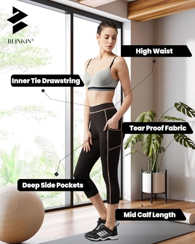 Image of BLINKIN Women's 3 /4 Gym Wear Tights for Women with Side Pockets : Perfect for Active Wear, Yoga & Workout - The Ultimate Gym Pants for Woman & Girls (015)