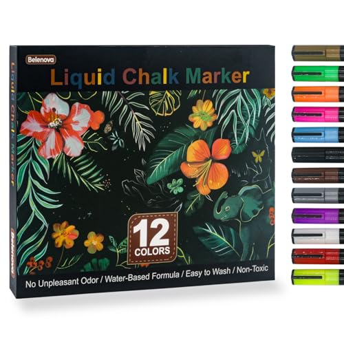 Belenova Liquid Chalk Markers Erasable Set of 12 Colors, Neon