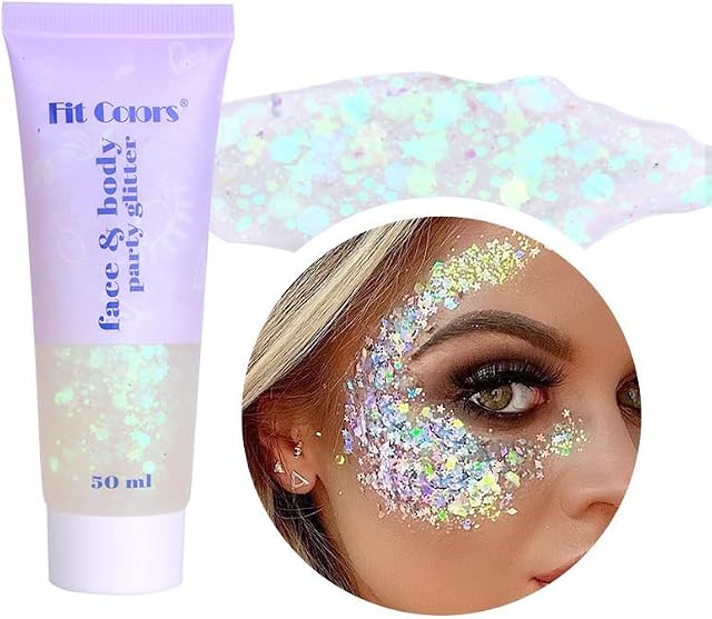 Body Glitter Gel, 50ML Face Glitters Body Gel Sequins Shimmer Liquid Eyeshadow, Mermaid Sequins Liquid Holographic Glitter Gel, Chunky Glitter for Face Hair Nails (White)