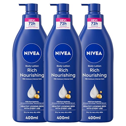 NIVEA Body Lotion for Dry to Very Dry Skin Rich Nourishing with 100% Pure Hyaluron 72H Intense Moisture 3x400ml