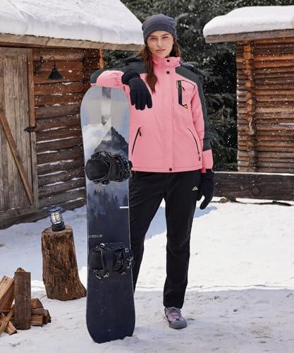 TACVASEN Damen Funktionsjacke Wandern Winterjacke Winddicht Wasserdicht Regenjacke Warm Fleece Snowboardjacke Wetterjacke, Rosa-grau, L