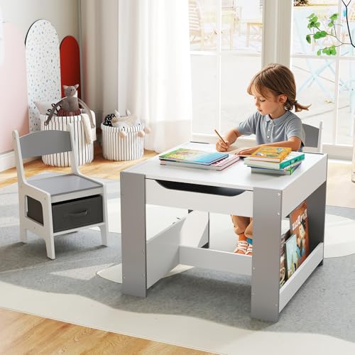Image of GLACER Kids Table and Chairs, 4 in 1 Wooden Activity Table with Bookshelves, Reversible Tabletop, Chalkboard for Crafts, Drawing, Toddler Table and Chair Set, Easy to Clean (White + Gray)